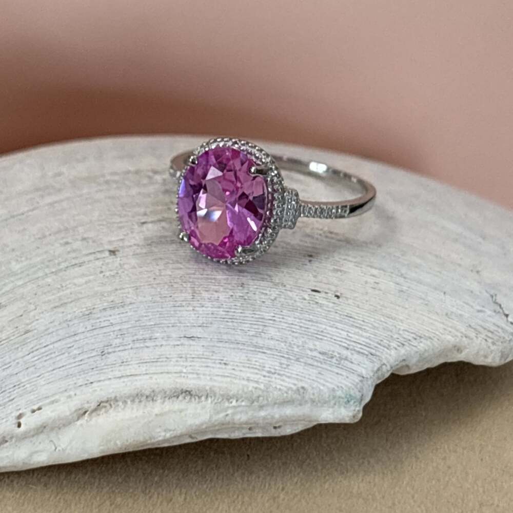 3.44 ct Genuine Lab Created Pink Sapphire Natural Diamond Halo Ring Sterling Sz7